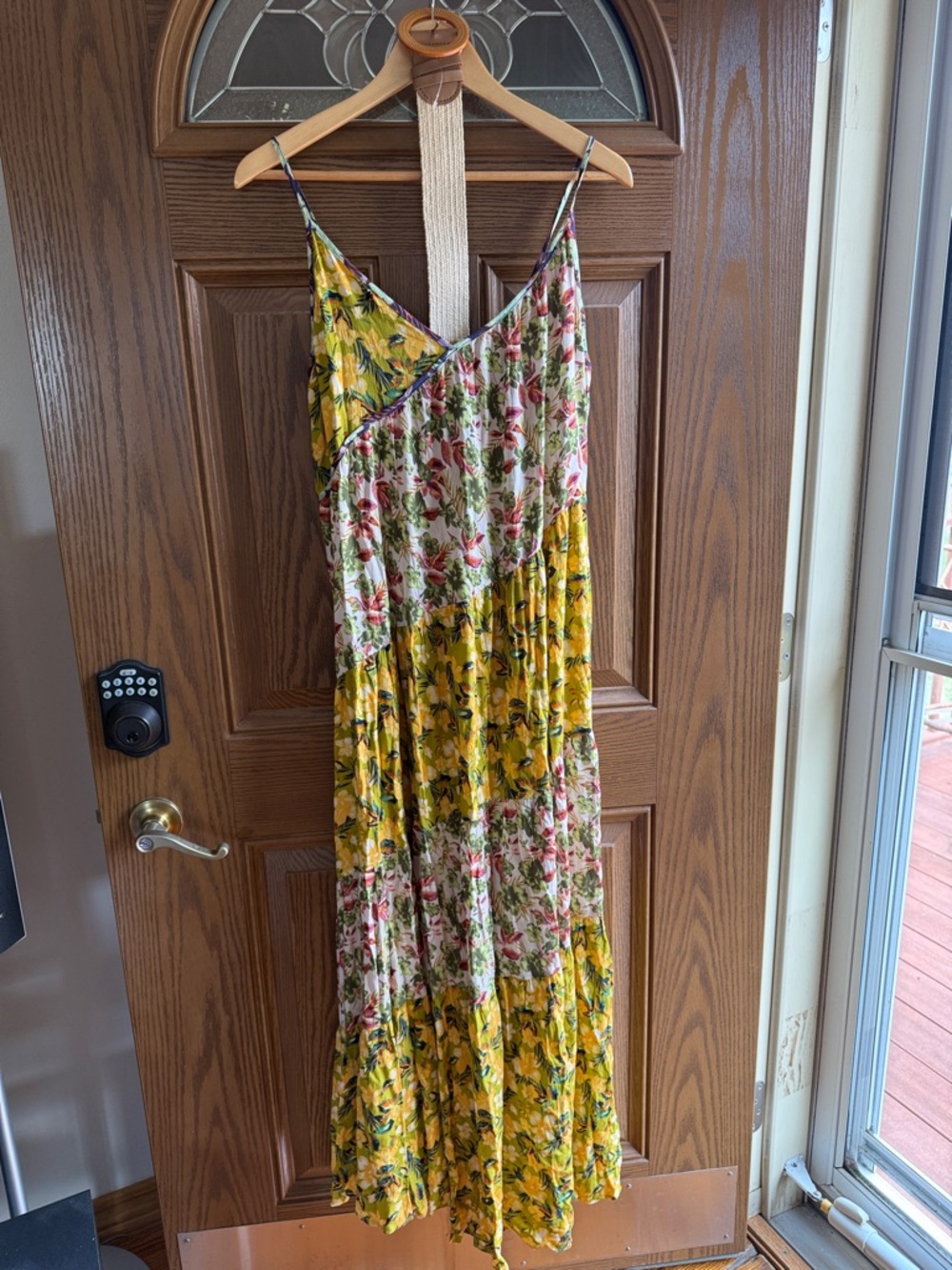 easel Floral Patchwork Spaghetti-Strap Maxi Dress in Yellow and Cream with Pink